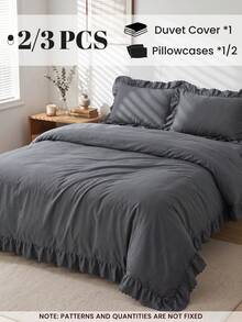 2/3pcs Ruffle Duvet Cover Set, Dorm Bedding, Grey Bedding Set, Cozy Room Decor, Skin-Friendly Breathable, Super Soft Anti-Pilling, Duvet Insert Not Included, Suitable For Twin/Full/Queen/King Size Bed, All Season, Machine Washable, Back To School - Grey - View 3