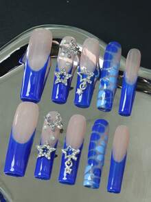 CrystalHola 10pcs Handmade Fully Covered Coffin Nails Press On Nails,Y2K Sweet Style. Blue & Nude With Stars, Rhinestones, And French Tip Nails. Three Sizes, Fits Parties, Weddings And Wear Daily. Reusable, With Jelly Glue & Nail File. A Great Gift For Girls - Multicolor - View 13