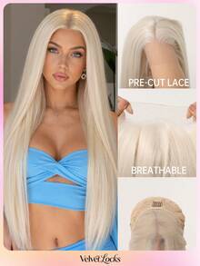 Topshe [Velvet Locks] Peruca Frontal de Renda HD 13x4, Linha de Cabelo Invisível Realista, Cabelo Liso de 32 Polegadas, Múltiplas Cores - Fibra Sintética Resistente ao Calor, Ondas Naturais Pré-Arrancadas, Peruca Feminina de Comprimento de Ombro, Adequada para Festa, Férias, Peruca Frontal de Renda Multifuncional Sem Cola - Multicolorido - Visão 3