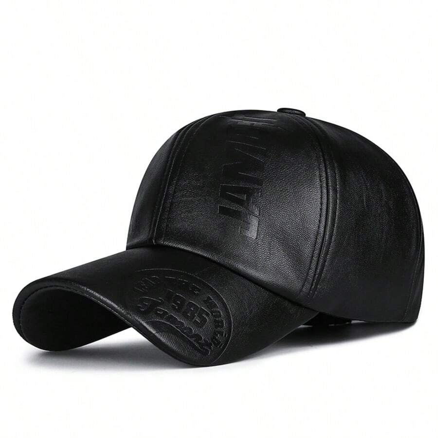 PU Leather Embossed Men's Baseball Cap, Thickened Warm Windproof Duck Bill Hat For Autumn/Winter - A - View 1