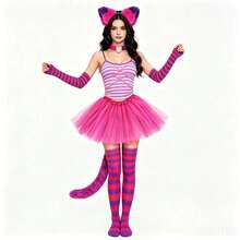 Halloween Cat Costume Accessory Set, Includes Fluffy Tail, Ear Headband, Striped Socks, Suitable For Cosplay - Pink Purple Stripes - View 3
