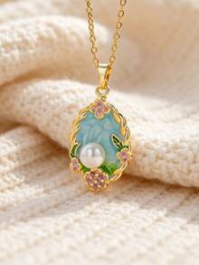 1 Set Mint Green Faux Pearl Decorated Elegant Jewelry Set - Necklace, Earrings, Ring, 3-Piece Daily Accessory Set For Women - Yellow Gold - View 7