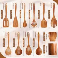 COOKDEVI 12 Piece Wooden Cooking Utensils Wooden Spoons For Cooking, Wooden Utensils For Cooking With Utensils Holder, Natural Teak Wooden Kitchen Utensils Set With Wooden Spoon Rest, Comfort Grip - View 2