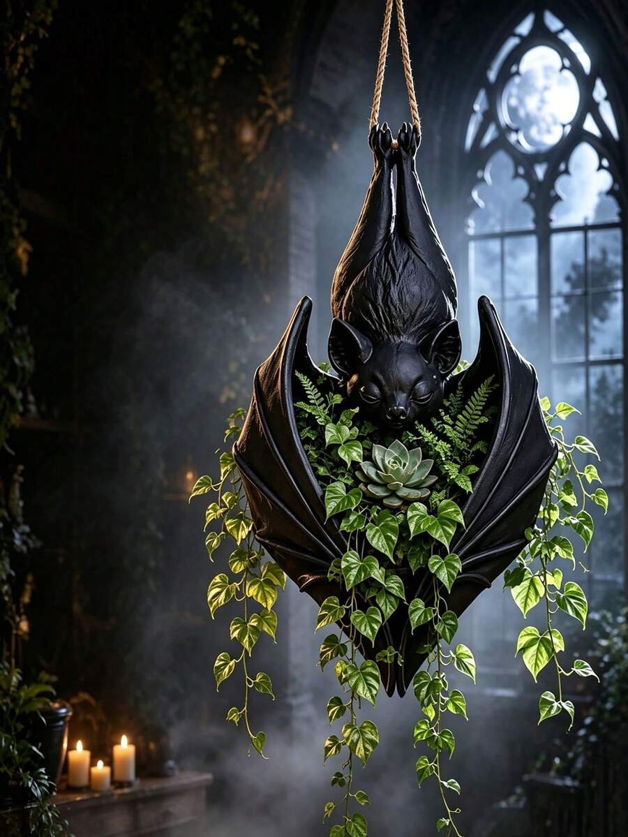 1pc Bat Shaped Hanging Planter, Hanging Bat Planter, Halloween Gothic Hanging Planter Rack Home Decor, Black Bat Flower Basket Vase Garden Hanging Basket, Suitable For Succulents, Vine Plants, Indoor And Outdoor Decoration, Living Room, Patio Or Office Desk Decoration, Great Gift For Plant Lovers, Gothic Room Decor Enthusiasts, Collectors And Gardening Hobbyists, Halloween Decoration, Halloween, Halloween Home Decor, Room Decoration