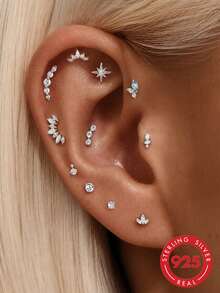 1pc 925 Sterling Silver Heart Flat Back Stud Earring, Press-In Screwless Flat Back Earring, Tragedy Earring, Flat Back Earring, Spiral Earring, Cartilage Earring - Silver - View 2