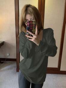 Solid Color Versatile Long Sleeve T-Shirt Women's Autumn Slimming Inner Layer Round Neck Casual Relaxed Base Layer Top - Grey - View 7