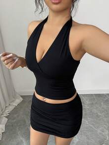 XLLAIS 女款純色性感V領短版貼身掛脖背心，休閒黑色夏季，Y2K風格 - 黑色 - 查看 7