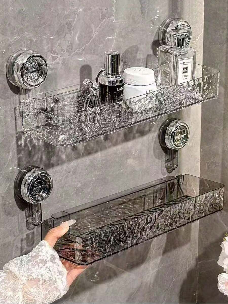 1pc PET Bathroom Suction Cup Storage Rack, Toilet Washbasin Bathroom Wall-Mounted No-Drill Water Ripple Organizer Shelf