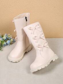 1 Pair Beige Bow Decor Soft PU Mid-Calf Classic Boots, Anti-Slip Wear-Resistant Rubber Soft Sole, Portable Side Zipper Princess Boots, Suitable For Daily Casual, Warm, Hiking, Home, Party, Outdoor Wear, Autumn/Winter New 2026 - Beige - View 2