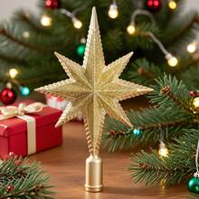 1pc 3D Octagonal Christmas Tree Topper Star, Shiny Gold/Silver Finish, Holiday Party, Home, Room, Office, Theme Party, Seasonal Scene Decoration, Durable Plastic, Lightweight And Easy To Hang, Indoor And Outdoor Use - A - View 2