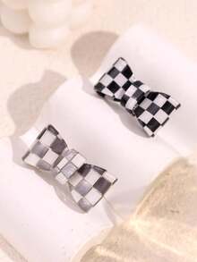 1/2pcs Y2K Black & White Checkerboard Bow Rings, Colorful Striped Print Rings, Daily Personalized Minimalist Women's Finger Rings Gift - Multicolor - View 6
