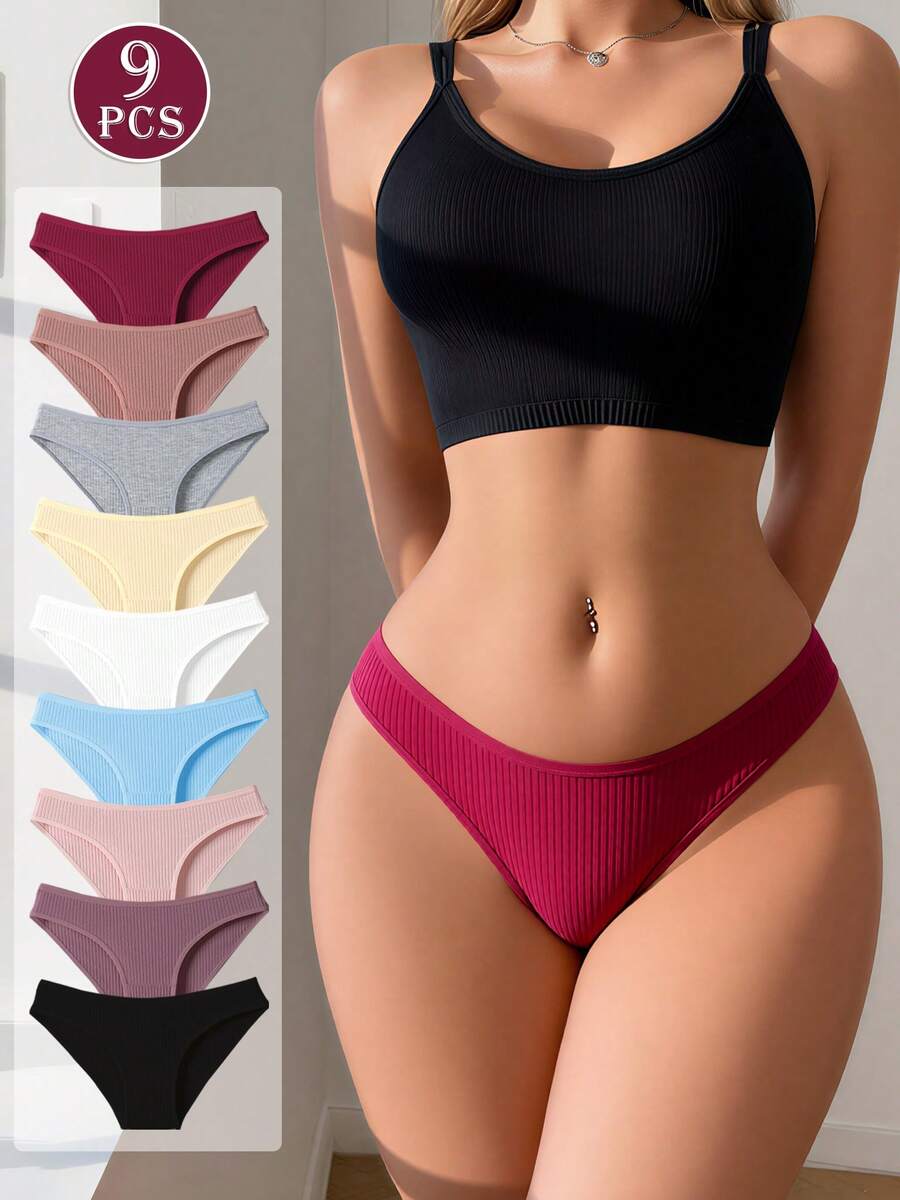 9pcs Multicolor Low Waist Ribbed Cotton Women's Triangle Panties, Casual Minimalist Bodycon Comfortable Women's Underwear - Multicolor - View 1