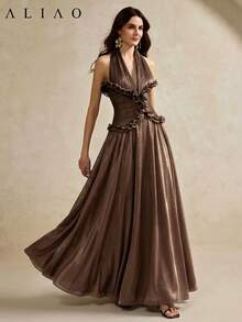 ALIAO Summer Solid Color Halter Neck Bodycon Dress, Elegant Women's Daily Wear, Commute And Date Outfit Wedding - Brown - View 4