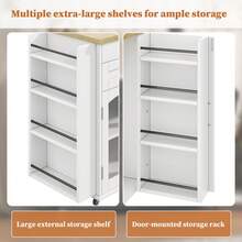 White Mobile Kitchen Island Cart With Foldable Tabletop, 120cm Rolling Kitchen Trolley, Tempered Glass Cabinet, Cutlery Drawer, Side Spice Racks, Lockable Wheels, Portable Storage Island For Kitchen Dining Room - White - View 5