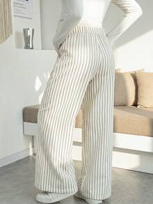 女款孕婦夏季長褲套裝：杏色條紋彈性腹部寬腿休閒正裝 - 杏色 - 查看 2