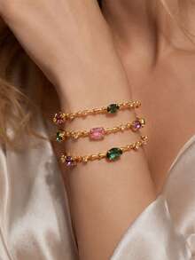 FAAABULS 1pc Multi-Layer Wrapped Bamboo Knot Chain Rhinestone Bracelet, Oval Colorful Rhinestone Stackable Delicate Chain Bracelet, Women's Daily Commute Party Accessory - Rhinestones - View 1