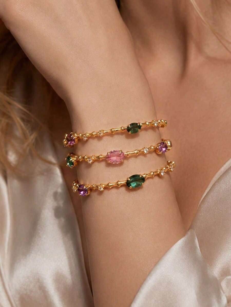FAAABULS 1pc Multi-Layer Wrapped Bamboo Knot Chain Rhinestone Bracelet, Oval Colorful Rhinestone Stackable Delicate Chain Bracelet, Women's Daily Commute Party Accessory - Rhinestones - View 1