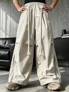 HEYKESON Men's Side Slit Zipper Cable Knit Drawstring Wide Leg Casual Cargo Pants - Khaki - View 7