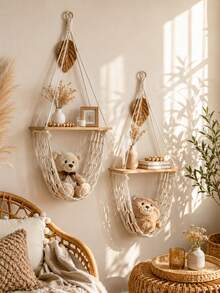 1pc Cream White Decorative Hanging Storage Rack Bohemian Farmhouse Style Triangle Hanging Design Tassel Net Hammock Display Storage Rack Plush Doll Storage Display Rack Bedroom Nursery Living Room Game Room Apartment Home Decor Wall Shelf - Beige - View 2