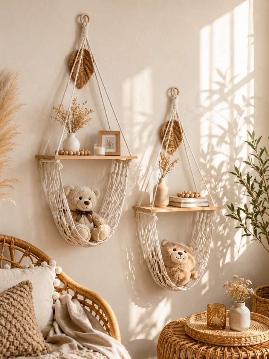1pc Cream White Decorative Hanging Storage Rack Bohemian Farmhouse Style Triangle Hanging Design Tassel Net Hammock Display Storage Rack Plush Doll Storage Display Rack Bedroom Nursery Living Room Game Room Apartment Home Decor Wall Shelf
