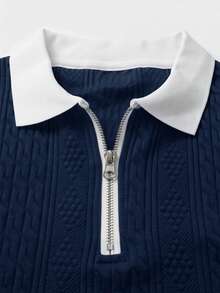 男士夏季紋理提花鈕扣領 Polo 衫，適合日常通勤、旅行、度假等場合，休閒極簡風格，都市成熟風，英倫紳士風 - 藏蓝色 - 查看 5