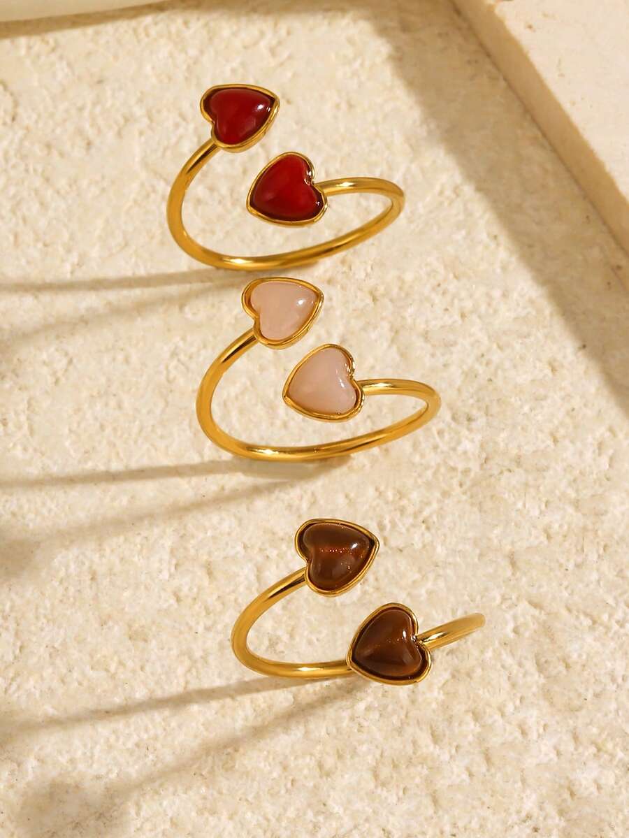 1pc/3pcs Stainless Steel 18K Gold Plated Minimalist Elegant Symmetrical Heart-Shaped Ring Set, Suitable For Women's Daily And Holiday Wear - Multicolor - View 1