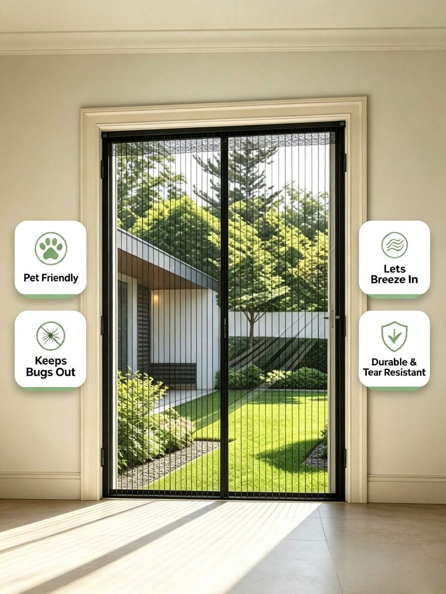 Magnetic Screen Door Curtain, Self-Sealing Automatic Closing Breathable Insect Proof, Polyester Mesh Durable Material, Simple Practical Style, For Living Room Bedroom Balcony Patio Garage Home & Pet Friendly Use - B - View 1