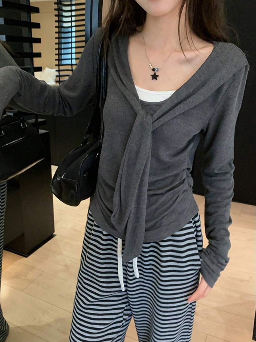 Kaos Lengan Panjang 2 in 1 Gaya Korea dengan Ikatan Depan yang Santai, Atasan Lapisan Dasar Serbaguna Slim Fit untuk Wanita, Musim Gugur/Dingin - Dark Grey - View 1