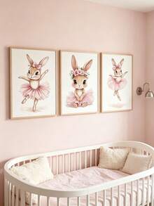 3pcs Canvas Wall Art Set, Frameless Waterproof Poster, Rabbit Ballet Dress Floral Print, Home Decor, Suitable For Kids Room Boys Girls Bedroom, Perfect Gift - Multicolor - View 1