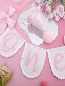 1pc Pink Plaid ONE Banner With Lace Trim And Bow, Baby 1st Birthday Party Wall Decoration Photo Prop - Multicolor - View 4