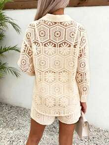 Apricot Lace 2-Piece Set For Women Including Long Sleeve Hollow Loose Top And Elastic Waist Shorts Beach Cover-Up Summer Elegant - Apricot - View 3