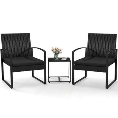 3 Pcs Patio Bistro Set, Patio Conversation Set, Black/Black All-Weather Wicker 2 Chairs With Coffee Table, Modern Chair Set With Removable Cushions For Balcony, Garden, Yard