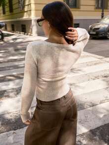 This Fashionable Women's Long Sleeve Cropped Wrap Knit Top Features A V-Neck Design And Is Adorned With Decorative Faux Buttons, Making It Perfect For A Variety Of Styles. - Khaki - View 6