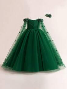 Tween Girls Spaghetti Strap Long Tulle 3D Floral Ball Gown Princess Dress Elegant Party Dress, Headband Not Included - Dark Green - View 3