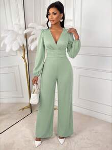 AIJ Women Fall Green French Style V‑Neck Long Puff Sleeve Wide Leg Jumpsuit High Waist Pockets Elegant Formal Office Party Evening Fall Fashion Outfit - Bean Green - View 6