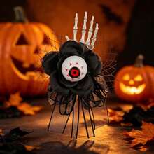 1pc Halloween Sweet & Dark Gothic Style Fabric Black Rose Brooch Set, Spider Skeleton Frame & Realistic Eyeball Decor Corsage Hand Flower, Halloween Party Cosplay Ball Gothic Costume Brooch Accessory - Black - View 6