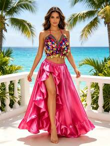 V Neck Multicolor Sequin Gold Decor Halter Dance Crop Top Satin High Waist Ruffled High Slit Flowy Maxi Dance Skirt Stage Performance Dance Outfit - Multicolor - View 2