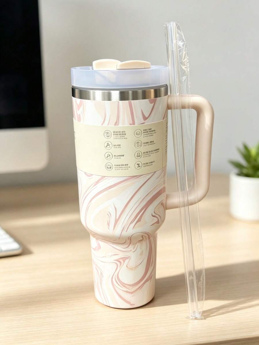 New Flat Bottom Cup With Handle And Straw 40oz | Travel Cup Holder | Insulated Stainless Steel Cup | - Multicolor 40oz - View 1