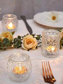 12pcs Vintage Transparent Glass Tea Candle Holders, For Wedding Table Decor, Bridal Shower Decor, Bohemian Tea Party Decor And Wedding Party Guest Favors - Transparent - View 9