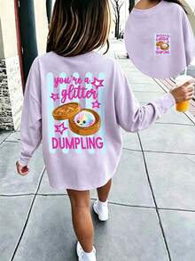 Tween Girls Cute Bamboo Steamer Rainbow Dumpling Graphic Long Sleeve Tee, Soft Crew Neck Top For Holiday & Everyday Wear - Mauve Purple - View 7