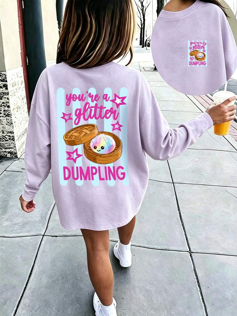 青少年女孩長袖T恤,You're A Glitter Rainbow Dumpling 竹蒸籠背後圖案印花,秋冬休閒節日上衣 - 淡紫色 - 查看 1