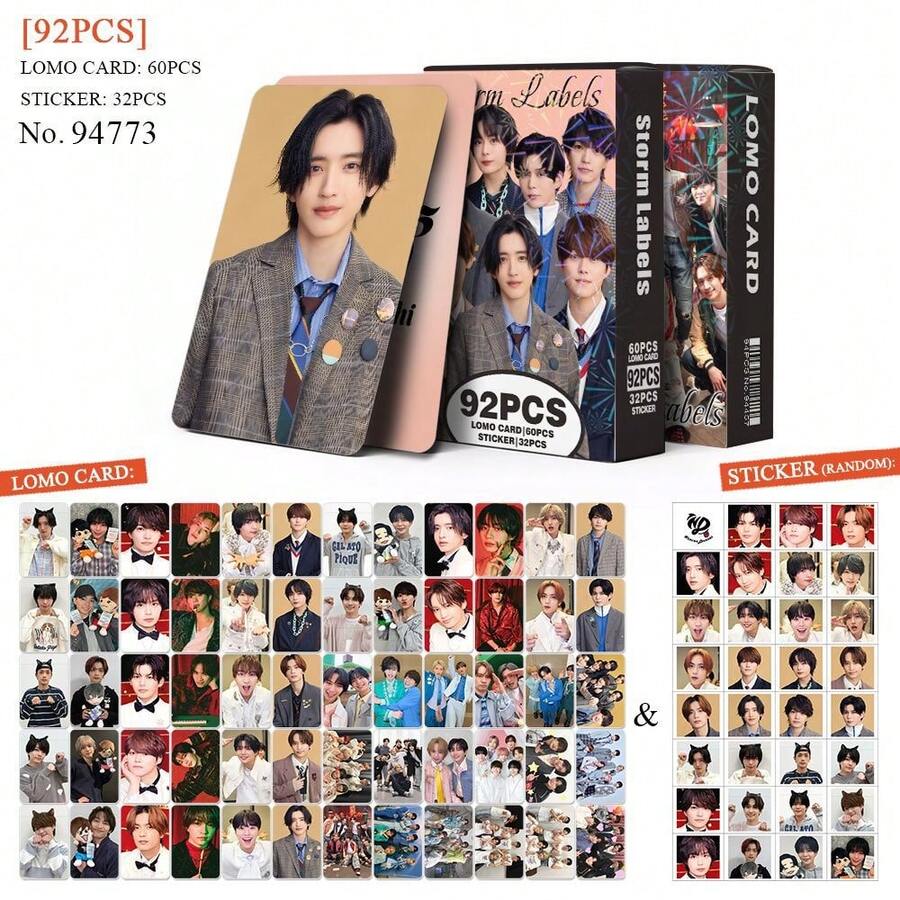 92pcs Storm Labels Boy Band LOMO Card Set, Includes 60 High-Definition Collectible Cards + 32 Character Stickers, Clear Printing Of Single And Group Multi-Pose Photos, Thick Laminated Scratch-Resistant And Waterproof, Suitable For Card Album Storage, Planner Decoration, Fan Support, Desktop DIY, European And American Idol Merchandise Gift Box, Student Fan Collection Gift Creative Card And Sticker Combination - Multicolor - View 1