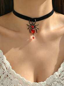 1pc Black Velvet Red Rhinestone Spider Choker Gothic Spider Pendant Necklace With Sparkling Rhinestones, Dark Style Halloween Costume For Women - Spider-large - View 1