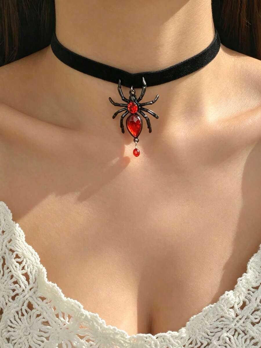 1pc Black Velvet Red Rhinestone Spider Choker Gothic Spider Pendant Necklace With Sparkling Rhinestones, Dark Style Halloween Costume For Women - Spider-large - View 1