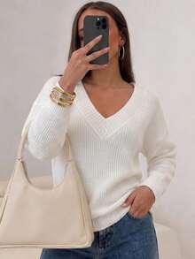 Wixra Women's V-Neck Textured Knit Sweater, Dropped Shoulder Long Sleeve Loose White Pullover - White - View 1