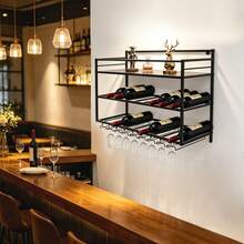 3-Tier Industrial Style Wall-Mounted Wine Rack, 80*25*55 Cm Metal Wine Bottle Holder For Home Bar, Kitchen And Pub Decor - 黑色 - 查看 3