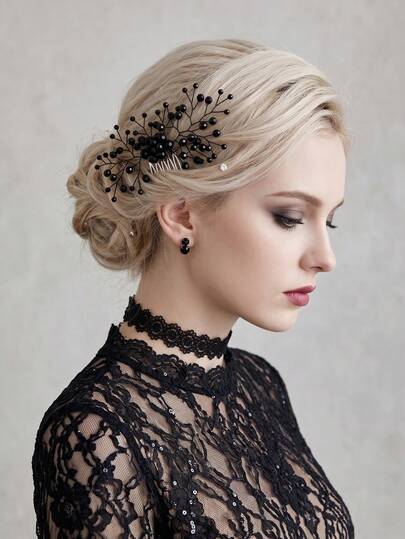 1pc Black Beaded Hair Comb Gothic Elegant Bridal Hair Piece Handcrafted Copper Wire Branch Hair Accessory For Women Party Wedding