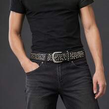 Men's Punk Style Black Belt With Silver Square Studs, Retro Rock Streetwear Belt For Jeans And Casual Outfits - Square Stud Belt - View 3