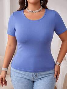 1‑Pack Plus‑Size Women's Crew Neck Short‑Sleeve Tee, 2‑In‑1 Knit Top With Built‑In Inner Support, For Casual Layering, Yoga, Fitness & Commute - Blue - View 5