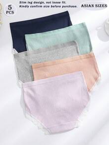 5pcs/Pack Women High Waist Panties, Comfortable Lifting Tight Shorts, Breathable Lace Solid Color Briefs - Multicolor - View 2